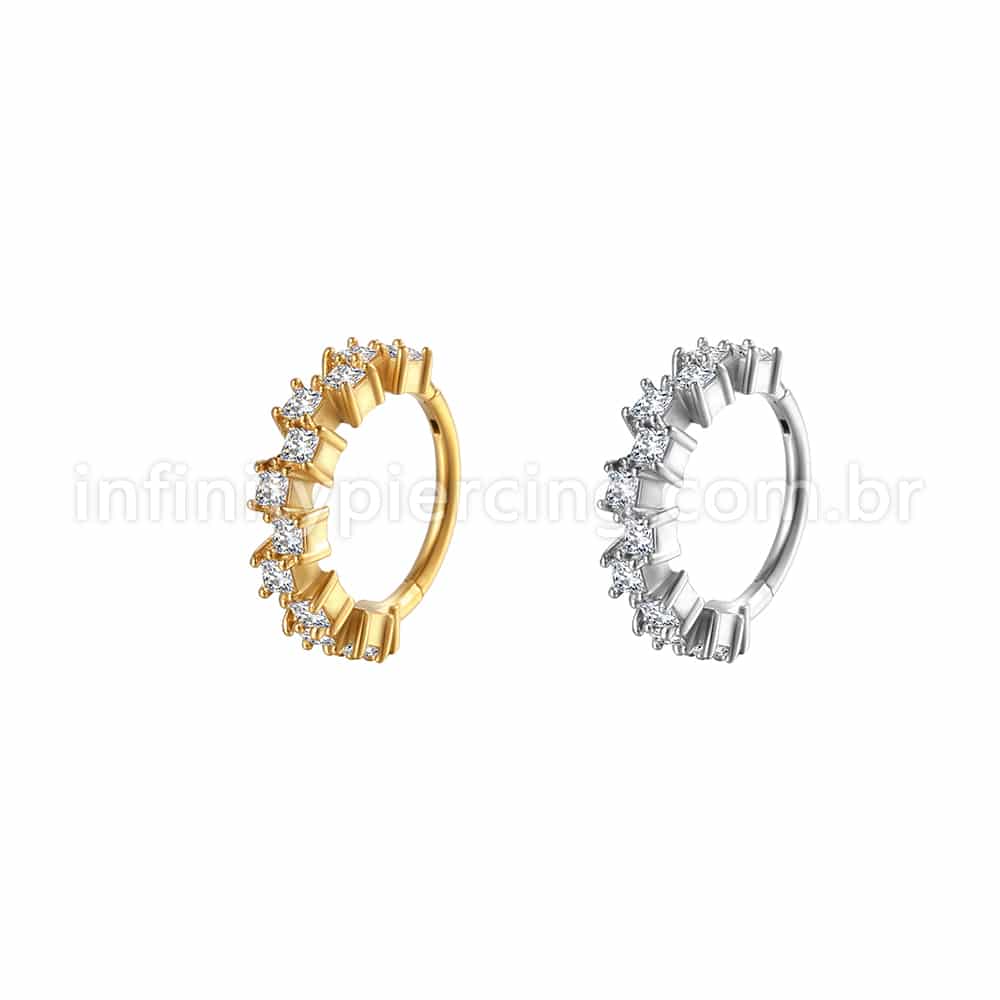 Piercing Argola Aço Cirúrgico Segmento Articulado Quadrado Zircônias Cravejadas